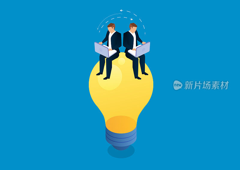 Two businessmen sitting on a light bulb working